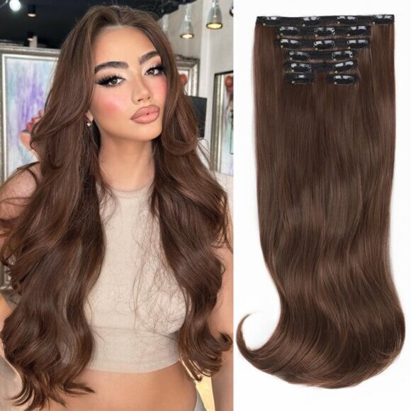 New 20 Inch Clip-in Hair Extensions, Light Brown Thick Long Straight Lace Weft - Picture 1 of 8